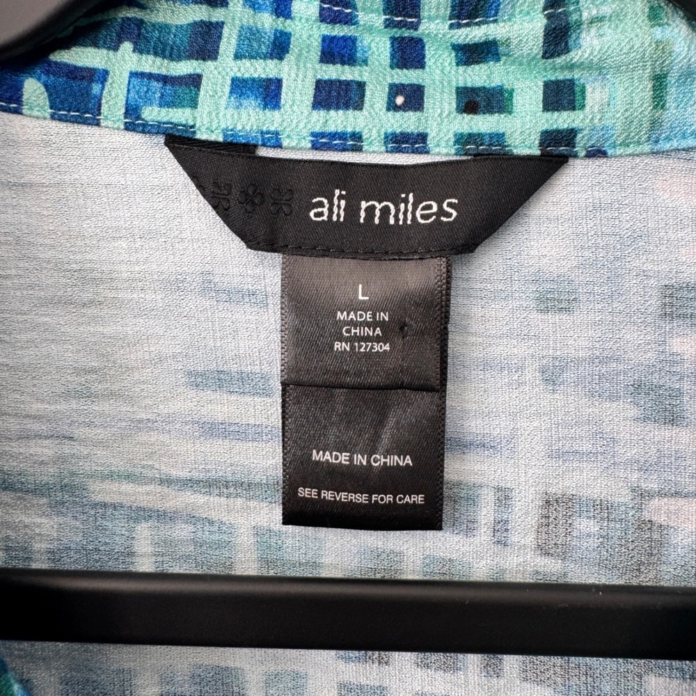 Ali Miles Large Jacket Blue 3/4 Sleeve Abstract Grid Button Front Textured Artsy - Picture 3 of 6